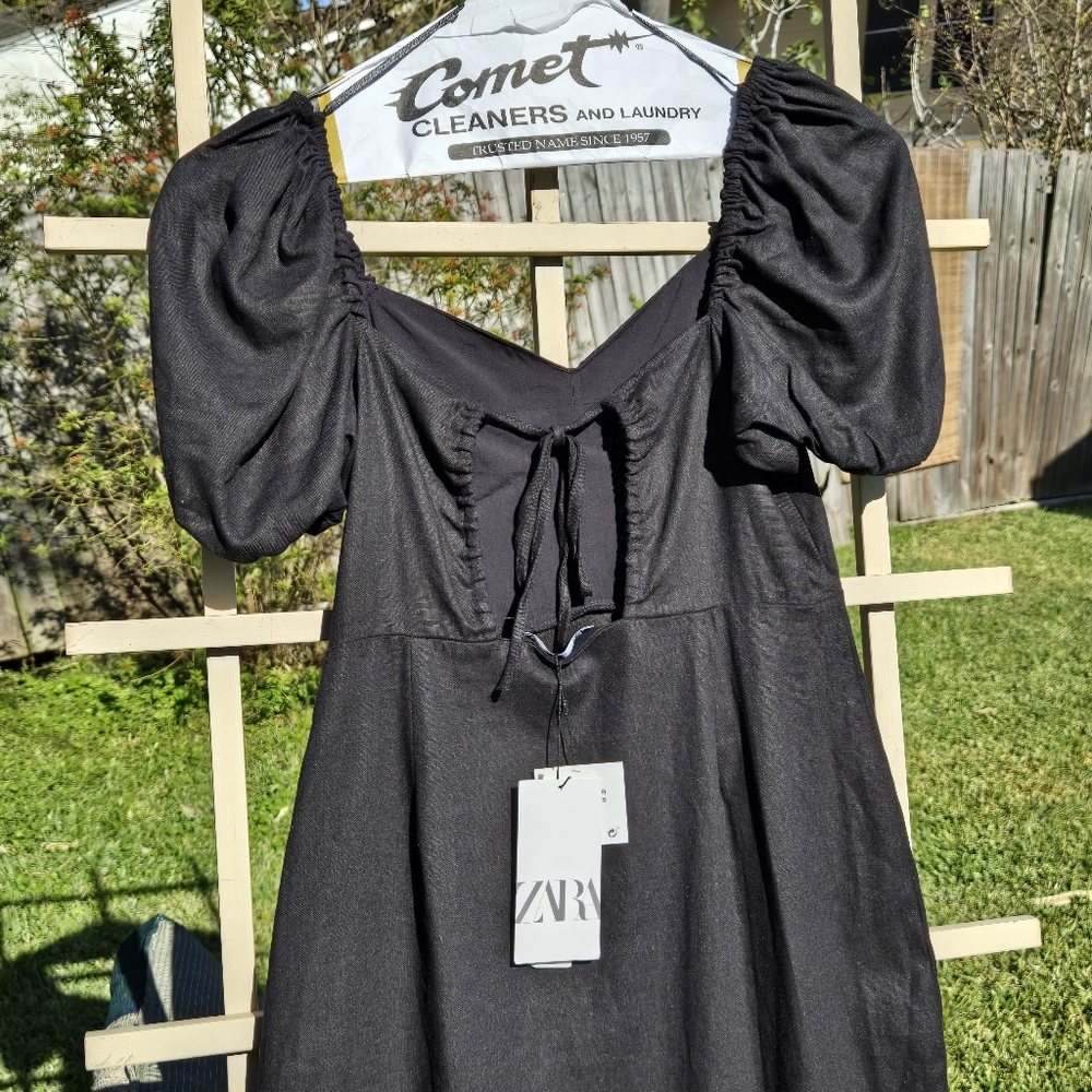 Zara NWT black Linen midi dress Puff Sleeves Open Back L - Picture 9 of 12